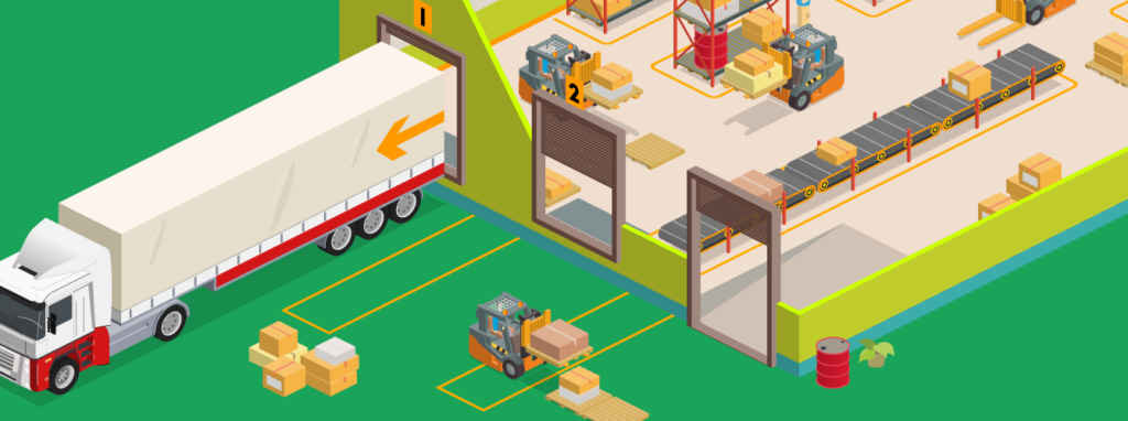 isometric cutaway illustration of warehouse, logistics