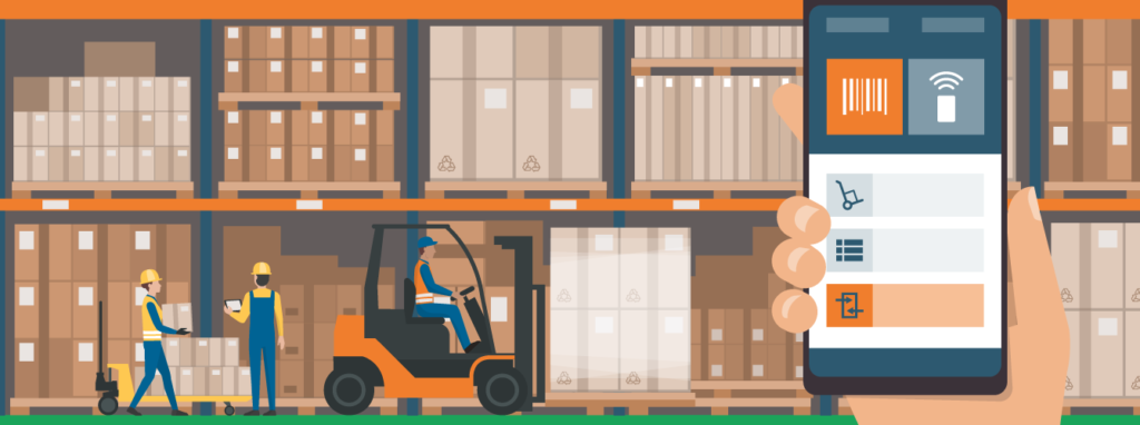 Illustration of a warehouse with forklift and workers. Hand holding smart phone in foreground