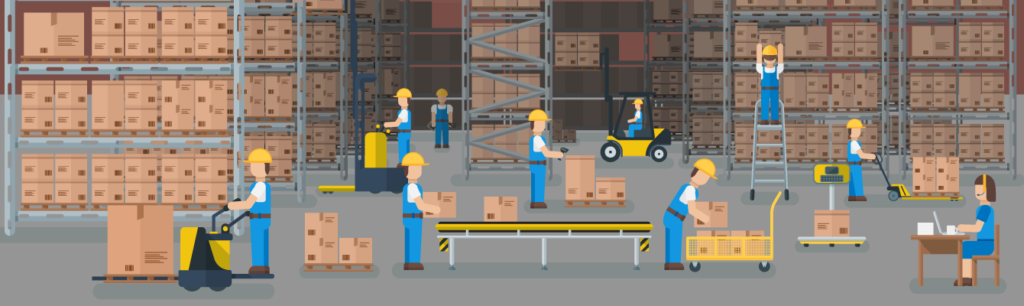 cartoon of warehouse employees in logistics facility