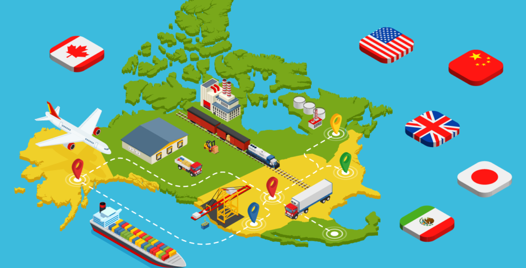 isometric illustration of a map of North America, with flags of Canada, USA, China, UK, China and Mexico shown