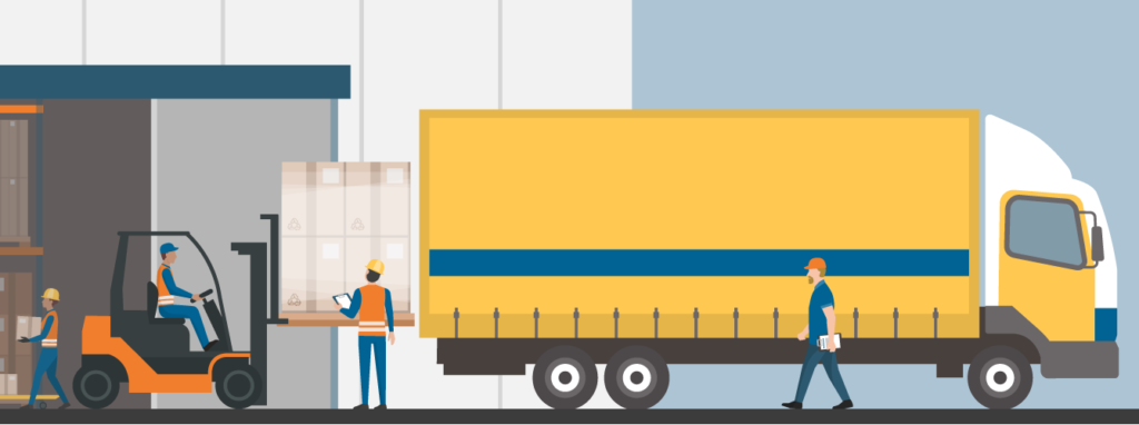 Illustration of a forklift loading a transport truck at a warehouse