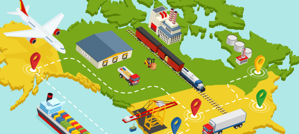 Isometric illustration of Canada and USA, showing cross border shipping