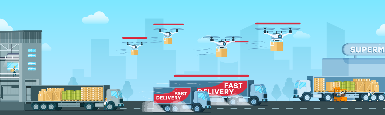 different delivery systems from shipment drones and transportation trucks