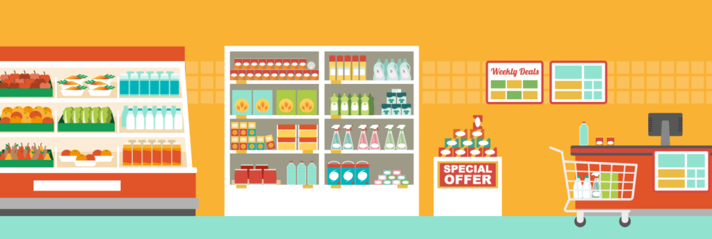 Illustration of grocery store shelves