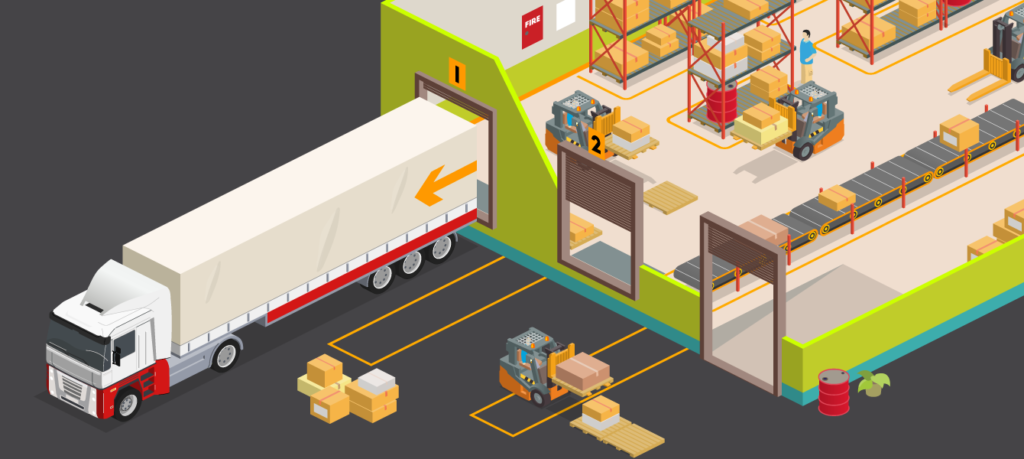 Illustration of transport truck being loaded by warehouse pallets