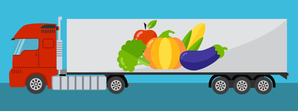 Illustration of transport truck with food illustration on side of truck