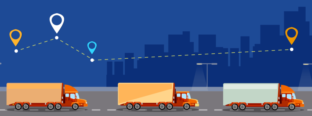 illustration of trucks driving city in background
