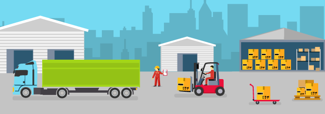 illustration of forklift driver loading shipments into transportation truck from warehouse