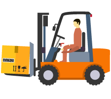 brown shipment package being carried by an orange forklift driven by warehouse employee