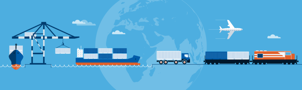 Illustration of intermodal transportation. Ship, trucks, and railway drawing to transport goods