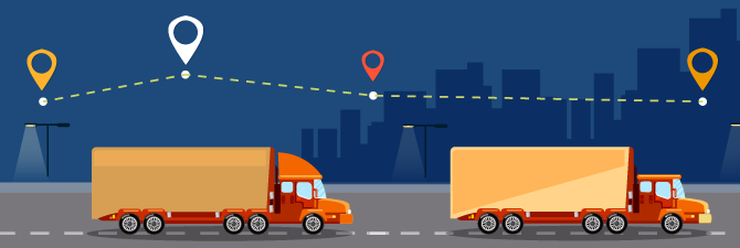 Delivery trucks with graphic depicting travel