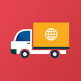 A white illustrated truck carries an orange trailer with a globe with meridians symbol over a red background.